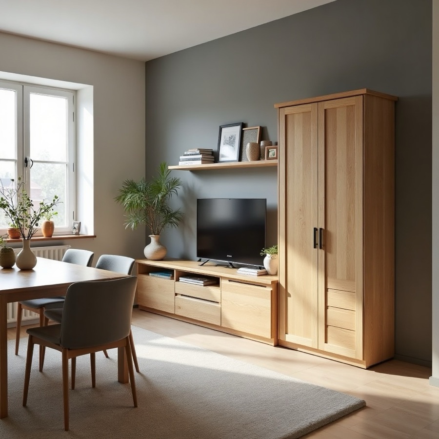 Oak wall unit and sideboard in a dining area