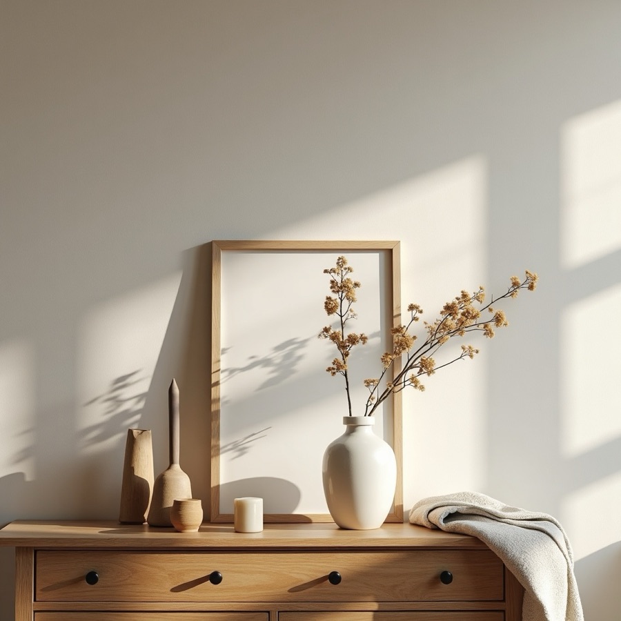 Ceramic vases, linen textiles, and candles on a wooden console