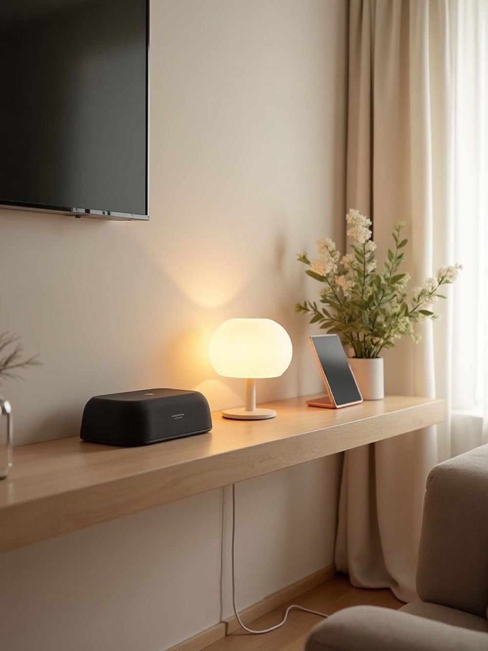 Smart home gadgets and a warm lamp on a beige shelf