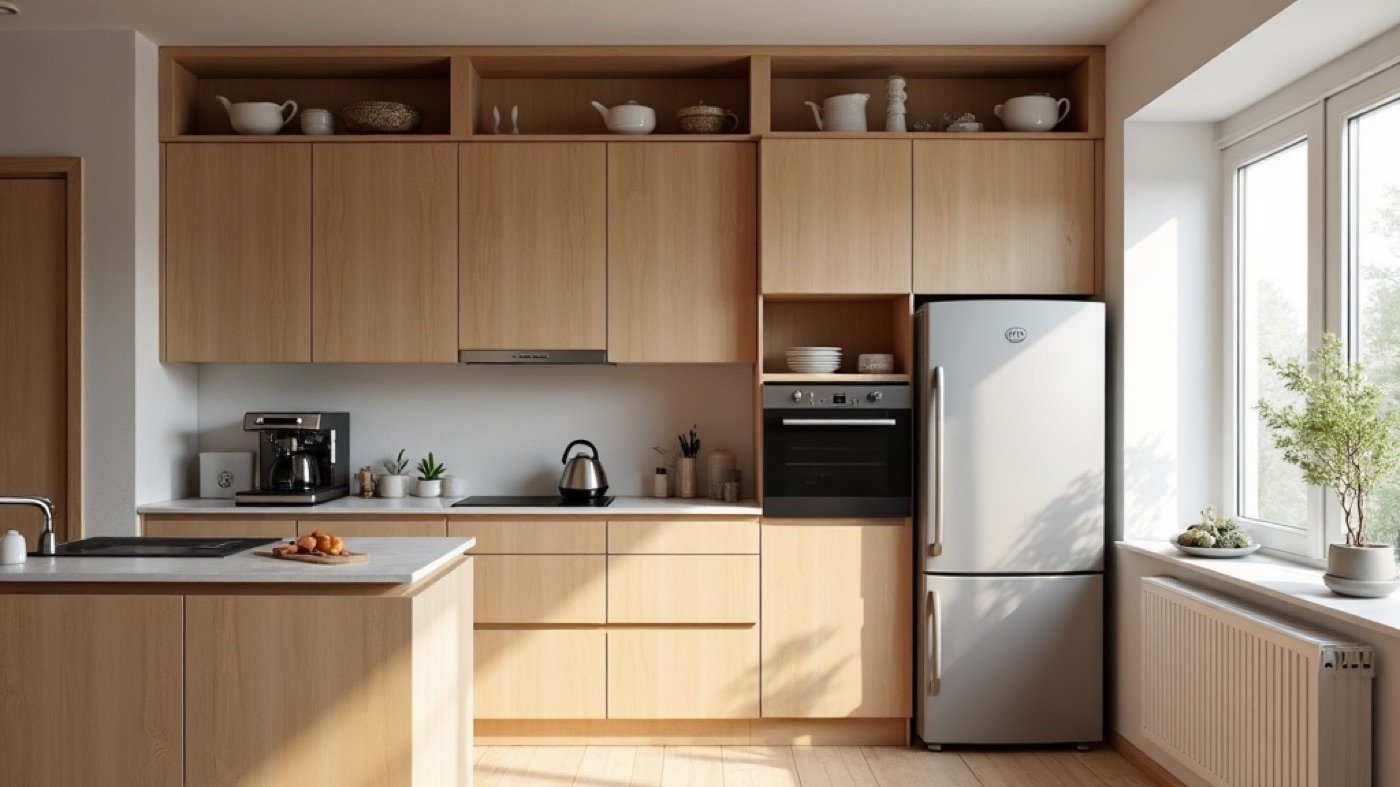 Contemporary kitchen with built-in appliances and wood counters