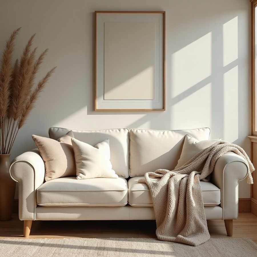 Cream fabric sofa with cushions and a knitted throw